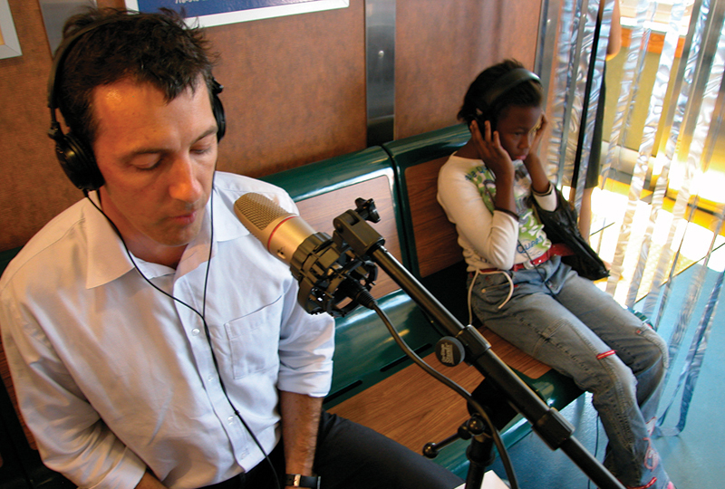 Alex Matthiessen of Riverkeeper with ferry rider/listener during on-air activity, September 28, 2007.