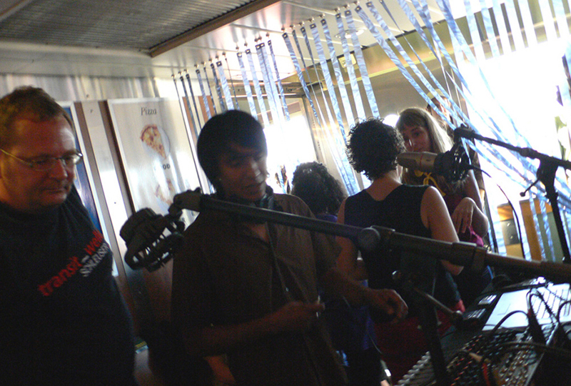 Ralf Homan, Angel Nevarez, and on-air crew in The FM Ferry Experiment studio on the Staten Island Ferry, September 29, 2007.